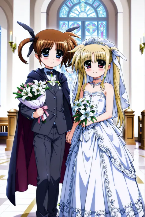 greatest masterpiece、8k、Duo、stand side by side、Commemorative Photo、Wedding Style、Church entrance、
(Takamachi Nanoha、brown hair、Blue Eyes、wedding suit:pure white、tuxedo、pants、Men's:1.8)
(Fate Testarossa Blonde。Red eyes、wedding dress、cape、holding a bo...