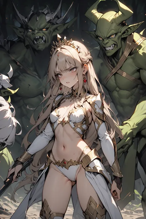 ((masterpiece,Highest Quality:1.2)),(1girl),slender,A slender empress fighting fiercely against a large number of goblins on the battlefield with martial arts,cowboy shot,beautiful skin,(Thin thighs), light brown very long hair,Perfect brown eyes , tree ey...