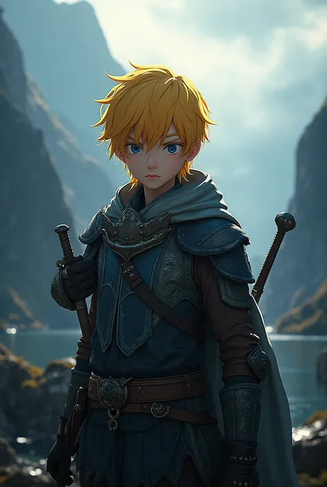 21 year old anime boy with Norwegian features, pelo amarillo, light steel armor, wields a sword in his right hand