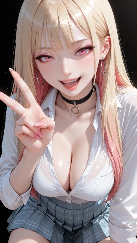 masterpiece,very detailed,realistic,,Highest Quality,8k,Calm Lighting,1girl,long rush,pink eyes,align your bangs,Light-colored hair,(Blonde Hair with Pink Hair),long straight hair,white skin,glossy skin,long lashes,tsurime,naughty face,laughing,gyaru v,Bea...