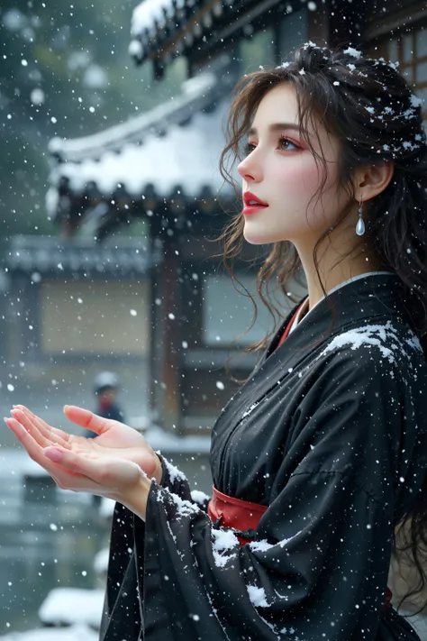 pain211,re2111,paint211,sumie-painting, a woman in traditional East Asian attire, wearing a black robe with a red sash. She is standing in a serene, snowy environment, with snowflakes gently falling around her. The background is blurred, giving a dreamy, ethereal quality to the scene. The woman's gaze is upward, and her hands are outstretched as if she is either feeling the snow or gesturing towards something unseen. The overall atmosphere is tranquil and mystical, with a focus on the interplay of light and shadow., 