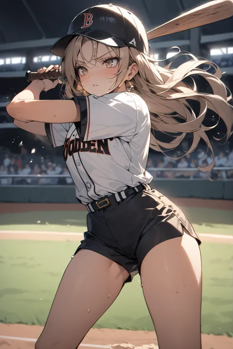 ((masterpiece,Highest Quality:1.2)),(soro),slender,A junior high school gal playing a baseball game on the stadium ground,cowboy shot,beautiful skin,(Thin thighs),(healthy tanned skin,) light brown very long hair,Perfect brown eyes , tree eyes ,Serious Exp...