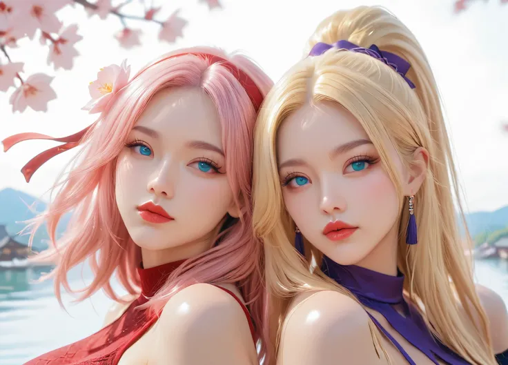 super sexy horny girls looking at the viewer, sexy seducing poses, very big ass, very big breasts,, light skin, long legs, sexy hottie, athletic body, long high heels shoes,  first girl:  green eyes, pretty big lushy lips, very big forehead, slim body nake...