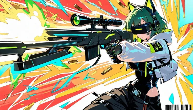 (Beautiful Girl : 1.3),1 girl,(ARW),(black shiny leotard with green lines,mechanical leotard,black cargo pants,white hooded cropped jacket,cat ear hood, VR Headset ,belt,Harness, with a sniper gun,Mechanical Limbs), green hair,Serious Expression,barcode tattoo on cheek,shooting,Muzzle Flash,cartridge,with Japanese swords,Dynamic Angle,masterpiece,Highest Quality,rich contrast,high image quality,8k,High Definition CG Unit Wallpaper,texture,unbelievably absurd,RAW pictures,Deep Border 1 .2,very detailed