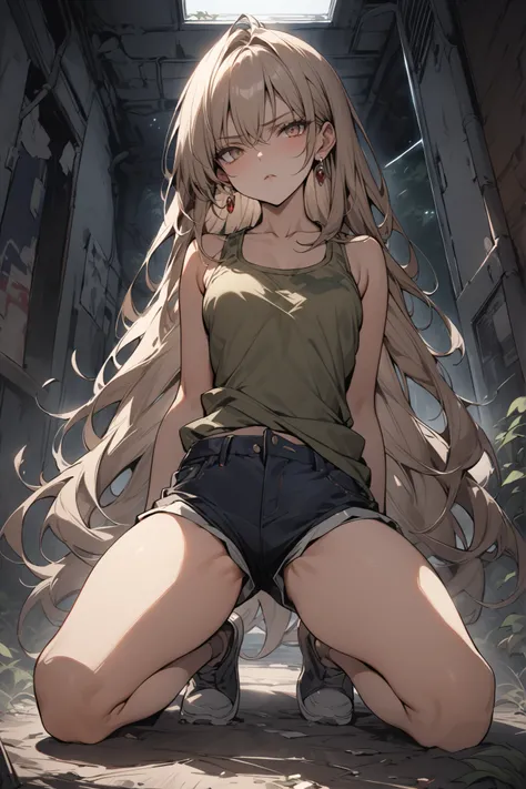 ((masterpiece,Highest Quality:1.2)),(soro),slender,A middle school girl who was caught by a ghost at an abandoned hospital at night、kneeling with her legs spread left and right,cowboy shot,beautiful skin,(Thin thighs),(healthy tanned skin,) light brown ver...