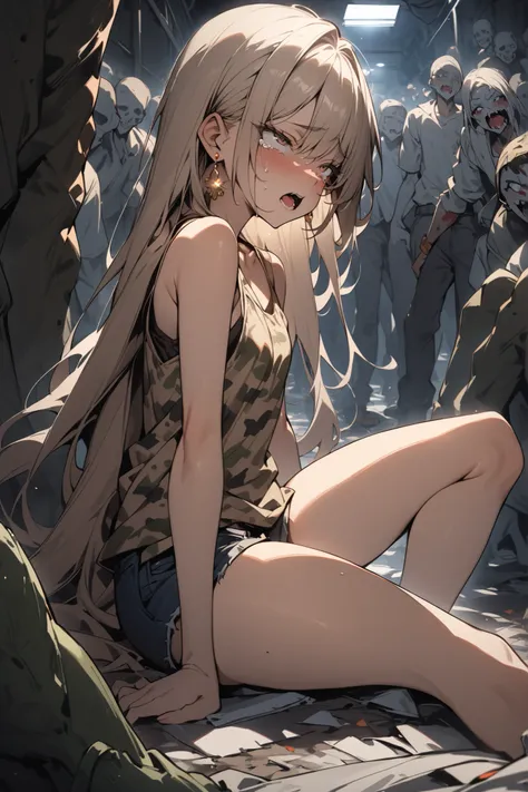 ((masterpiece,Highest Quality:1.2)),(1girl),slender,Surrounded by a large number of zombies at an abandoned hospital at night、Middle school girl sitting with her legs spread from side to side,cowboy shot,beautiful skin,(Thin thighs),(healthy tanned skin,) ...