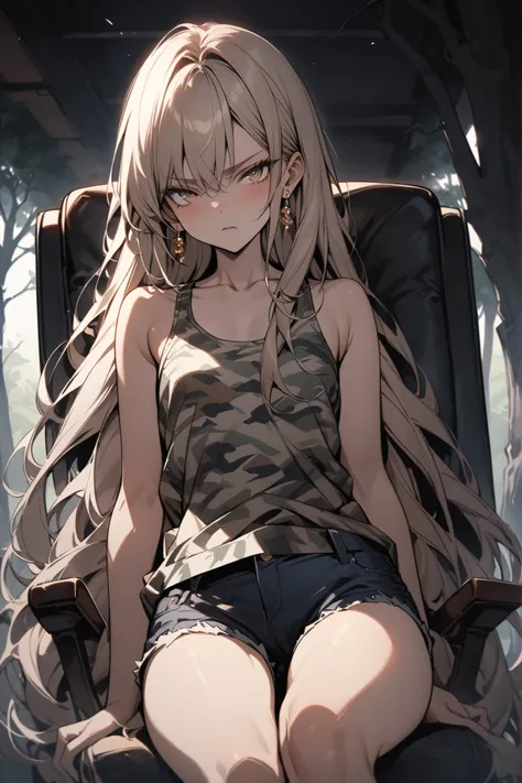 ((masterpiece,Highest Quality:1.2)),(soro),slender,A junior high school girl who sits on a chair with her legs spread wide and stares at us due to an obsolete illness at night,cowboy shot,beautiful skin,(Thin thighs),(healthy tanned skin,) light brown very...