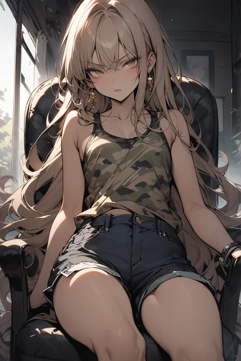 ((masterpiece,Highest Quality:1.2)),(soro),slender,A junior high school girl who sits on a chair with her legs spread wide and stares at us due to an obsolete illness at night,cowboy shot,beautiful skin,(Thin thighs),(healthy tanned skin,) light brown very...