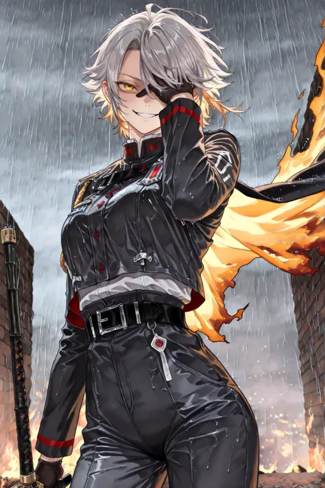 ruanyi1204,rain,outdoors,partially covered in shadow,(looking at viewer, portrait shot:0.22), dynamic shot, dynamic pose, warrior, (medium shot, three quarter shot:1.3), (1girl:0.35), solo, masterpiece, best quality, amazing quality, very aesthetic, high r...