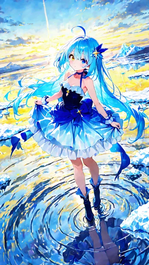 , (beautiful、detailed eyes:1.2), ((pretty girl)), (Highly Detailed CG, super detailed), (Very detailed and:1.1), (PERFECT DETAILS:1.1), a cute girl, solo, standing on reflective water, wearing a dress, top down view of the Daredevil characteristic , Iri...