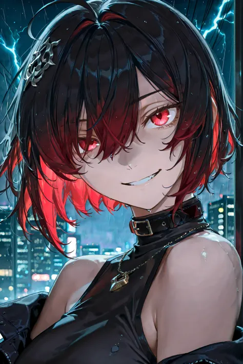 Night City, soft rain, thunder ,partially covered in shadow,(looking at viewer, side shot, portrait shot:1.22), dynamic shot, dynamic pose, warrior, (close up shot, three quarter shot:1.3), (1girl:0.35), solo, masterpiece, best quality, amazing quality, ve...