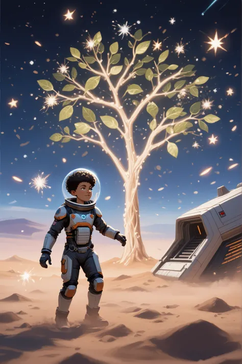 could you create an image of The Spaceship landed on a soft and soft surface, made of dust

Di stelle. Ros, an 8-year-old mulatto boy with short afro hair, dressed in a futuristic space suit, Ros wears a transparent helmet, , came out of the spaceship and ...
