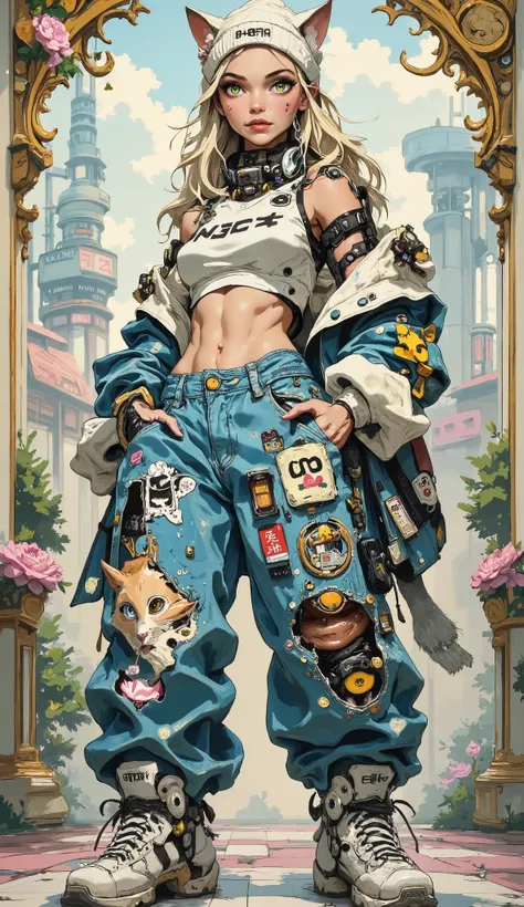 Playful female character with an expressive, distinctly feline face or a seamless fusion of cat and human features—large cat eyes, muzzle, whiskers, furry cat ears. The pose is flirtatious, accentuating a sense of movement and personality. She wears extrem...