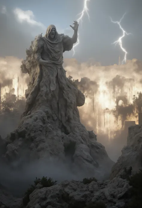 in Matera, sassi_di_matera. (masterpiece, best quality, ultra detailed, realistic, photorealistic, cinematic lighting). Stone skinny giant male with angry desperate face walks on city buildings destroying them. the statue has a long hooded tunic that merge...