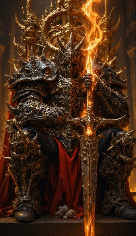 front view camera.  immense warrior wearing heavy prickly black armor with gold details, a skull-shaped black helmet with a golden crown and red cape ,  is wielding a long flaming sword with a wide blade as large as he . seated on a bone throne in a hyper ...