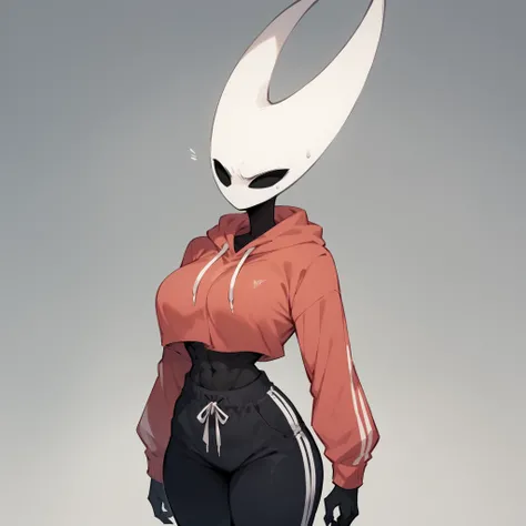 highest resolution, distinct_image), best quality, hornet, female, black body, athletic body, thin arms, thin legs, big breast, sweatpants , thin waist, red hoodie, upper clothes, solo, serious expression 
