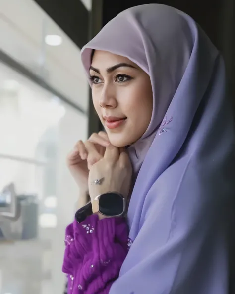 The image is a close-up portrait of a beauty muscle hijab woman looking directly at the camera and smiling openmouht confident . She has light-colored eyes, possibly from contact lenses, and is wearing makeup with a focus on defined eyelashes and a light p...