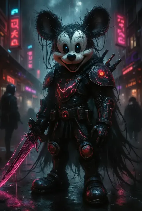 grunge style This image shows a gritty, hyperdetailed depiction of Mickey Mouse reimagined as a futuristic warrior. He's equipped with neon-lit armor and wields a glitching greatsword, set against a dystopian carnival backdrop in a cyberpunk aesthetic.