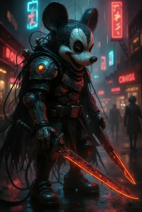 grunge style This image shows a gritty, hyperdetailed depiction of Mickey Mouse reimagined as a futuristic warrior. He's equipped with neon-lit armor and wields a glitching greatsword, set against a dystopian carnival backdrop in a cyberpunk aesthetic.