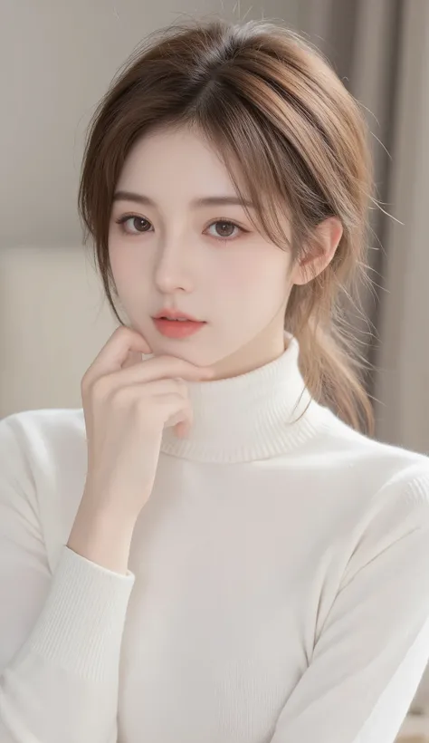 A soft and elegant digital portrait of a young Korean woman , featuring fair porcelain skin and natural makeup with peach tones. Her medium-length, wavy brown hair frames her face delicately with airy, side-swept bangs. She has heart-shaped lips and expres...