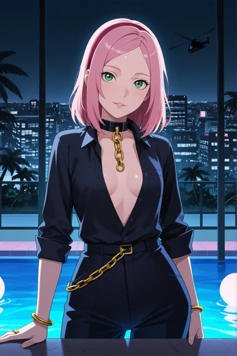 Sakura Haruno. small breasts, huge hips, pink hair, medium hair, light green eyes, thin lips, very fair skin, big forehead. | GTA tyle: Tony Montana, in his early 40s with olive skin, stands confidently on the balcony of a lavish Miami mansion at night, ci...