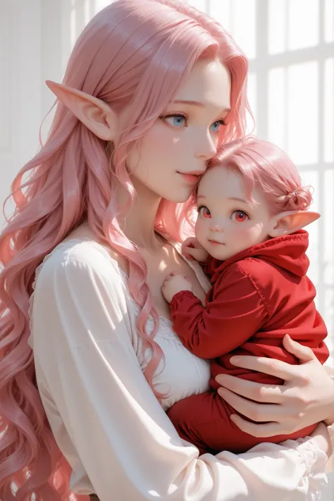 Woman, long wavy hair, blue eyes, pink hair, elf, holding a baby, pink hair, red baby eyes