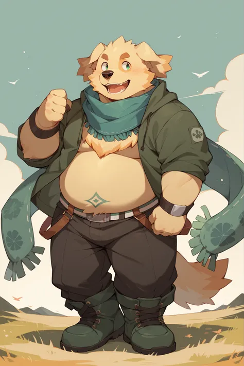  score_9,  score_8_ up,  score_7_ up,  score_6_ up,  score_5_ up,  score_4_ up,  source_cartoon, Together with Sith,  furry ,  anthro , dog,   golden retriever  ,  chubby, Fat,  scarf,    green futuristic bodysuit, silver green boots, 80s style, looking at...