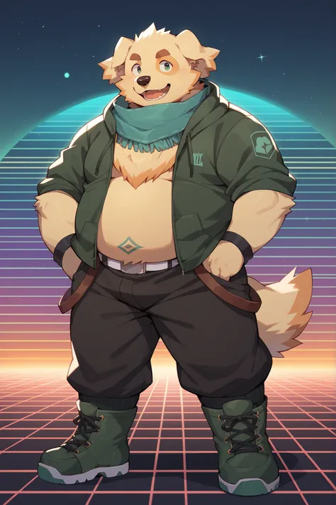  source_cartoon, Together with Sith,  furry ,  anthro , dog,   golden retriever  ,  chubby, Fat,  scarf,    green futuristic bodysuit, silver green boots, 80s style, synthwave background, looking at viewers,  smiles, standing  up,  pose ,  cute, :3