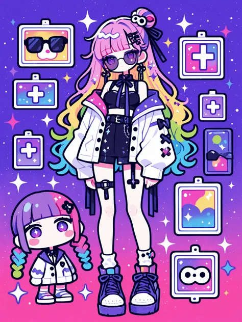 
Woman, solo, colorfulな爪, rimless, purple eyes, long hair,, hair ornaments, hairpin、ribbon, colorful, pop background, multicolor hair, Sparkling Makeup on Her Face、Harajuku、Poses with Movement、from above、sunglasses、Full Body、Gal