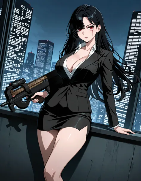 masterpiece, best quality, fantastic quality, absurdres, ideal anatomy, ideal proportions, 1girl, bangs, bare legs, black hair, black jacket, black skirt, breasts, bullpup, cleavage, collarbone, finger on trigger, formal, gun, holding, holding gun, holding...
