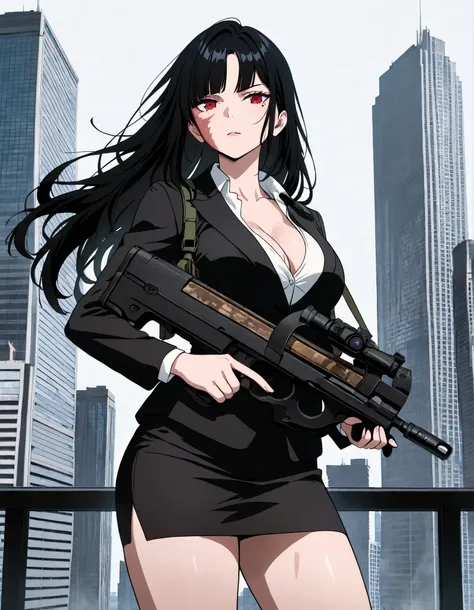 masterpiece, best quality, fantastic quality, absurdres, ideal anatomy, ideal proportions, 1girl, bangs, bare legs, black hair, black jacket, black skirt, breasts, bullpup, cleavage, collarbone, finger on trigger, formal, gun, holding, holding gun, holding...