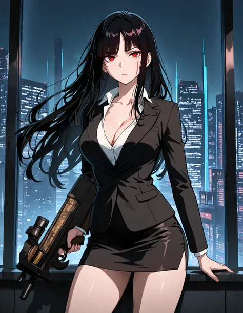 masterpiece, best quality, fantastic quality, absurdres, ideal anatomy, ideal proportions, 1girl, bangs, bare legs, black hair, black jacket, black skirt, breasts, bullpup, cleavage, collarbone, finger on trigger, formal, gun, holding, holding gun, holding...