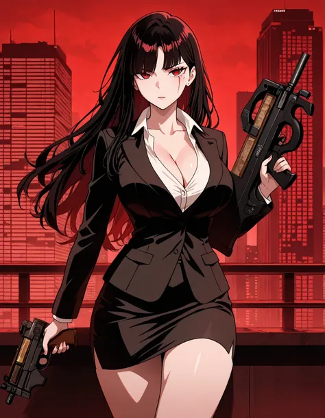 masterpiece, best quality, fantastic quality, absurdres, ideal anatomy, ideal proportions, 1girl, bangs, bare legs, black hair, black jacket, black skirt, breasts, bullpup, cleavage, collarbone, finger on trigger, formal, gun, holding, holding gun, holding...