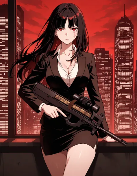 masterpiece, best quality, fantastic quality, absurdres, ideal anatomy, ideal proportions, 1girl, bangs, bare legs, black hair, black jacket, black skirt, breasts, bullpup, cleavage, collarbone, finger on trigger, formal, gun, holding, holding gun, holding...