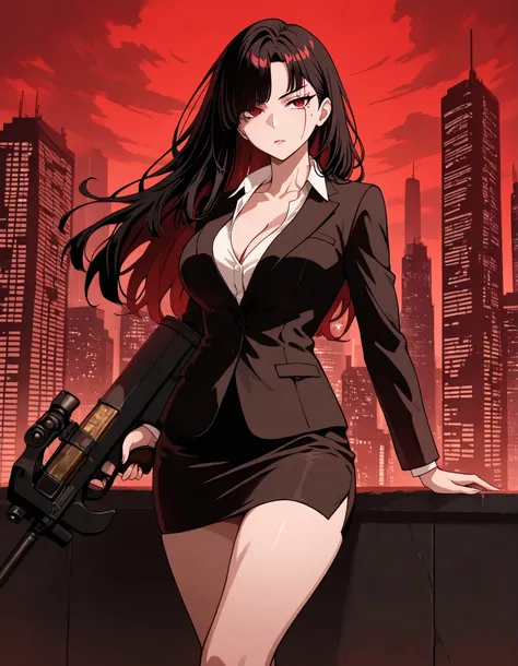 masterpiece, best quality, fantastic quality, absurdres, ideal anatomy, ideal proportions, 1girl, bangs, bare legs, black hair, black jacket, black skirt, breasts, bullpup, cleavage, collarbone, finger on trigger, formal, gun, holding, holding gun, holding...