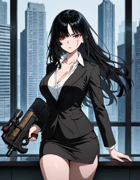 masterpiece, best quality, fantastic quality, absurdres, ideal anatomy, ideal proportions, 1girl, bangs, bare legs, black hair, black jacket, black skirt, breasts, bullpup, cleavage, collarbone, finger on trigger, formal, gun, holding, holding gun, holding...