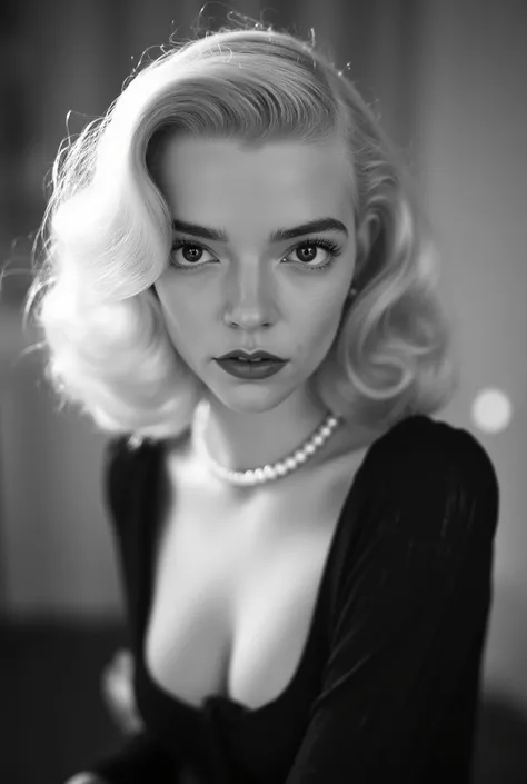The photograph is in black and white, consistent with classic Hollywood glamour photography of the 1930s. The black and white photograph shows a glamorous girl with a stylish, wavy blonde long hairstyle. She is wearing a black, open dress with a deep neckl...