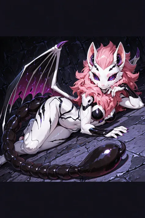 Furry female. White body. Pink mane. Ironic smile. Scorpion features. Compound eyes. Purple pupils. Black carapace. Bat wings. Scorpion tail. Lying down.