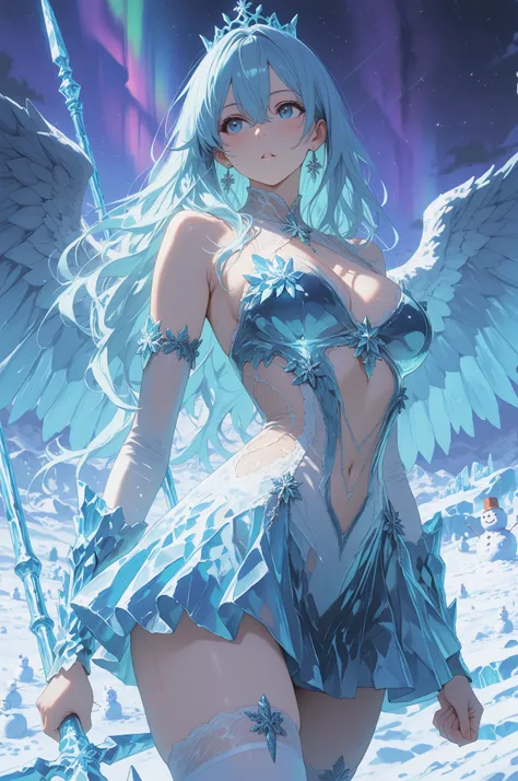 snowman Army Formation,starry sky,,A valkyrie like warrior with feathered wings of frost,a stormy sky. Her breath turns to diamond dust, and her ICE spear freezes the air where it points. The aurora borealis reflects off her Ice Tiara, revealing a face both beautiful and merciless. Mythological fantasy style, dynamic pose,(masterpiece, detailed:1.2),anime coloring, masterpiece , best quality , amazing quality , very aesthetic , absurdres , highres , newest , 2024 , HDR , 8K , high detail , subtle , high contrast , impasto , colorful depth , colorful lighting , high contrast ,1girl,solo, hair between eyes, long hair, light blue hair, blue eyes,Women,white thighhighs,mini Skirt,ice Dress,Ice chest guard,Ice gauntlet,fashion, elegant,high resolution,Carefully Drawn Hair,womanhood, Dramatic,cowboy shot,front view,