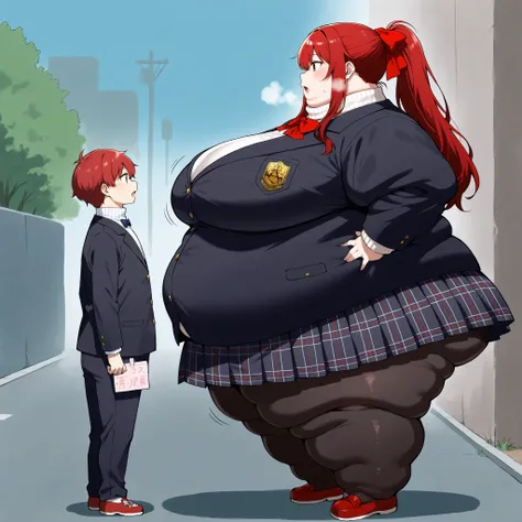 defSumi, long hair, ponytail, red bow, red hair, school uniform, black blazer, white turtleneck, bowtie, plaid skirt, pleated skirt, black pantyhose, red shoes, fat, chubby, obese,, large breasts open mouth, out of breath, Larger female, full body shot, 1g...