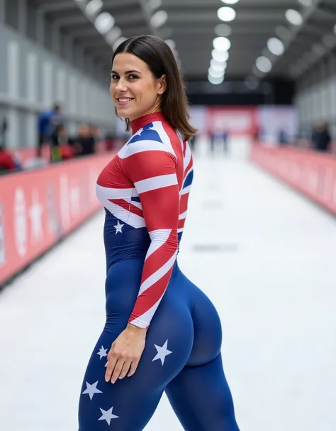 view from behind,wearing tight bobsled suit printed with Australian flag, slight smile, standing on a bobsled track, playful pose, looking at viewer