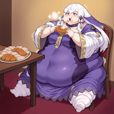 1girl, lytts, long hair, white hair, tassel hair ornament, purple veil, pink eyes, purple dress, purple collar, detached collar, yellow necktie, pendant choker, white sleeves, juliet sleeves, wide sleeves, white pantyhose, collarbone, fat, chubby, obese,, ...