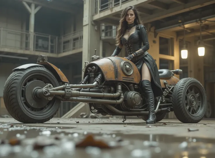 The image shows a desolate stage with a Renegade Princess, tilted and taking the handlebars to adapt to the speed on a uniquely designed motorcycle that embodies a steampunk or post-apocalyptic aesthetic. The motorcycle is sturdy, has only 2 sturdy all-ter...