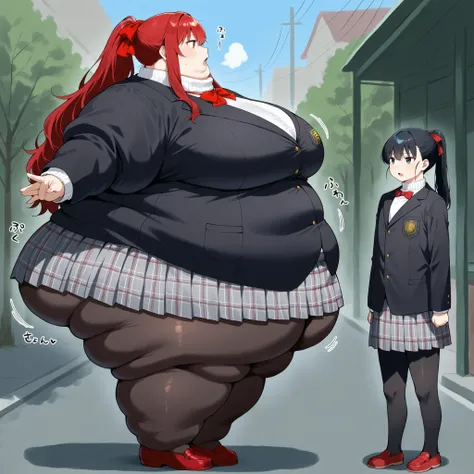 defSumi, long hair, ponytail, red bow, red hair, school uniform, black blazer, white turtleneck, bowtie, plaid skirt, pleated skirt, black pantyhose, red shoes, fat, chubby, obese,, large breasts open mouth, out of breath, Larger female, full body shot, 1g...