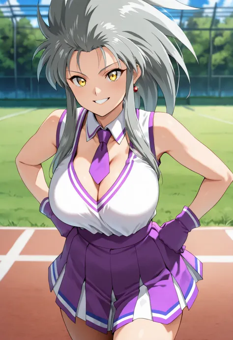 (best quality, masterpiece, ultra detailed, high resolution), Beautiful , tall, score_9, anime style, Masterpiece, best quality, 1girl, purple necktie, solo, 1girl, ry0, Ryoko, grey hair, spiked hair, long hair, sidelocks, yellow eyes, single earring, ,, ...