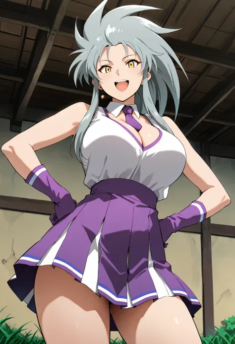 (best quality, masterpiece, ultra detailed, high resolution), Beautiful , tall, score_9, anime style, Masterpiece, best quality, 1girl, purple necktie, solo, 1girl, ry0, Ryoko, grey hair, spiked hair, long hair, sidelocks, yellow eyes, single earring, ,, ...