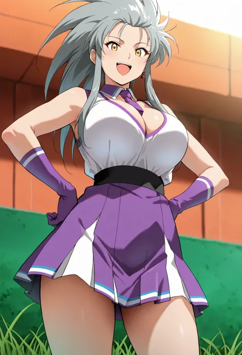 (best quality, masterpiece, ultra detailed, high resolution), Beautiful , tall, score_9, anime style, Masterpiece, best quality, 1girl, purple necktie, solo, 1girl, ry0, Ryoko, grey hair, spiked hair, long hair, sidelocks, yellow eyes, single earring, ,, ...