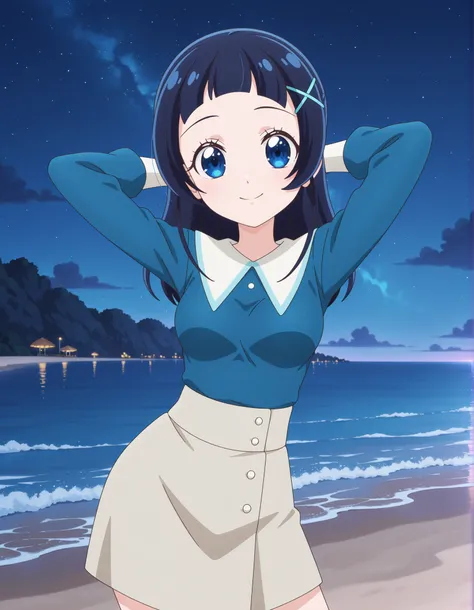 aokazenana, anime screencap, solo,1girl, looking at viewer, hair ornament ,long sleeves, shirt, skirt, x hair ornament, hairclip, blue shirt, dress, medium breasts, high quality, closed mouth, solo, cowboy shot, night sky, beach, hands behind head, ((contr...
