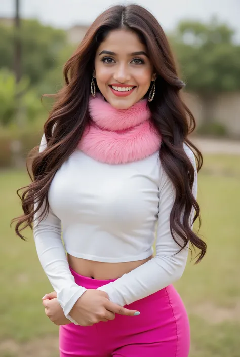 anaswarasdxl, ashk, Full body image of a 20 year old Indian girl with smiling look, fair skin tone, light grey eyes, fox eyelashes, thin eyebrows, black eye liner, silver eyeshadow, natural blush, and red lipstick. Her hairs are long, brown, wavy and styli...