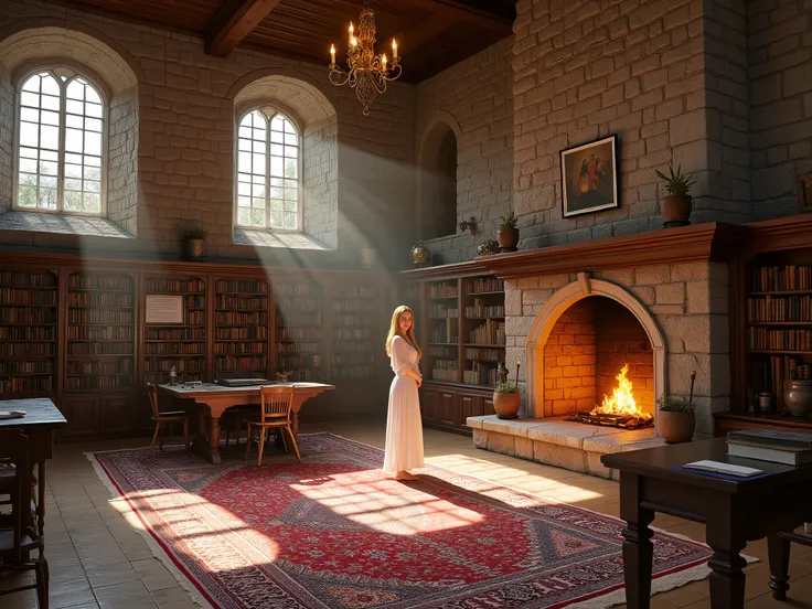 Photorealistic, A detailed photograph of a Large, sunlit medieval-style library/study room. High, beamed wooden ceilings, stone walls, and arched windows. Warm, golden sunlight streams into the room, casting shadows across the patterned rug. A large stone ...
